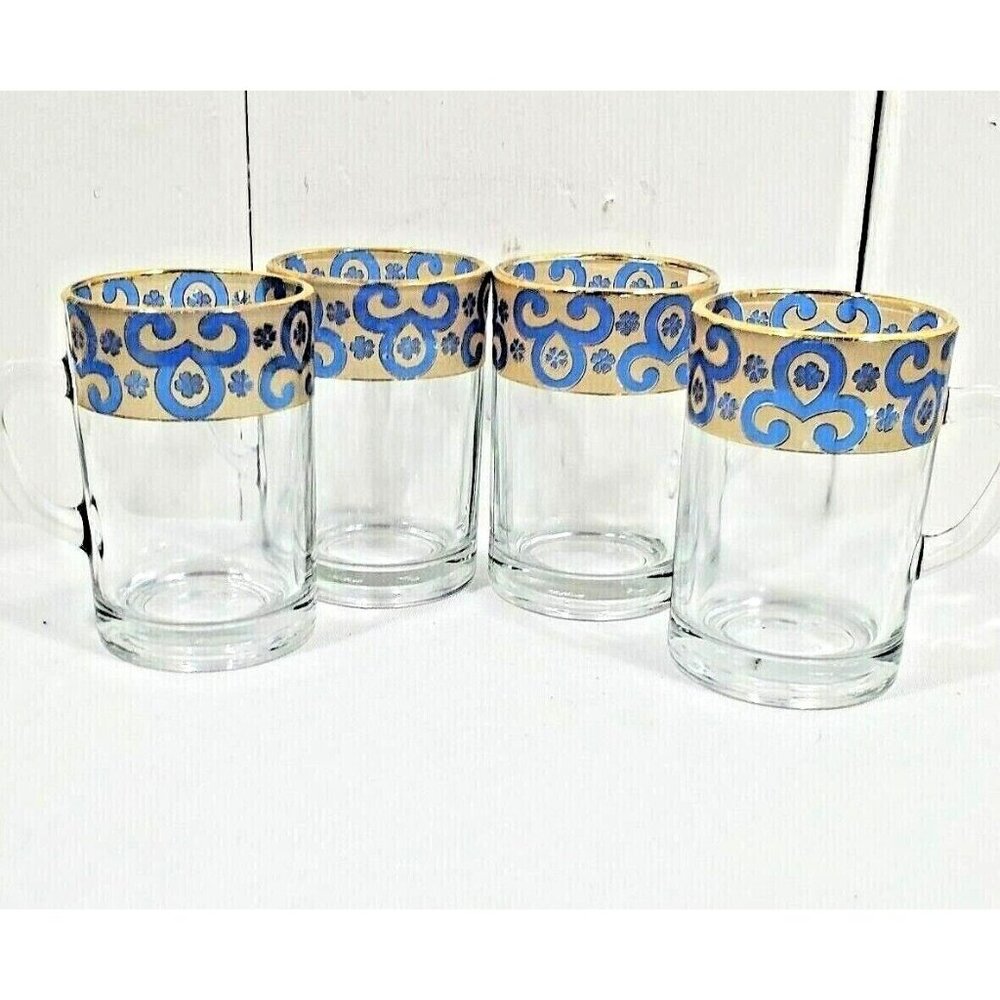 4 Gold Trim Demitasse Espresso Cups 4oz  blue liquor stained glass scrollwork